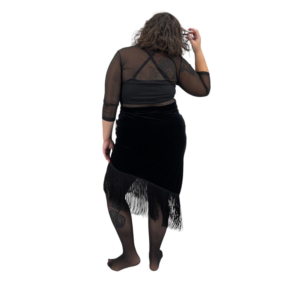 Vintage 90s Black Velvet Pencil Skirt Asymmetric Fringe Hem JS Collections 16